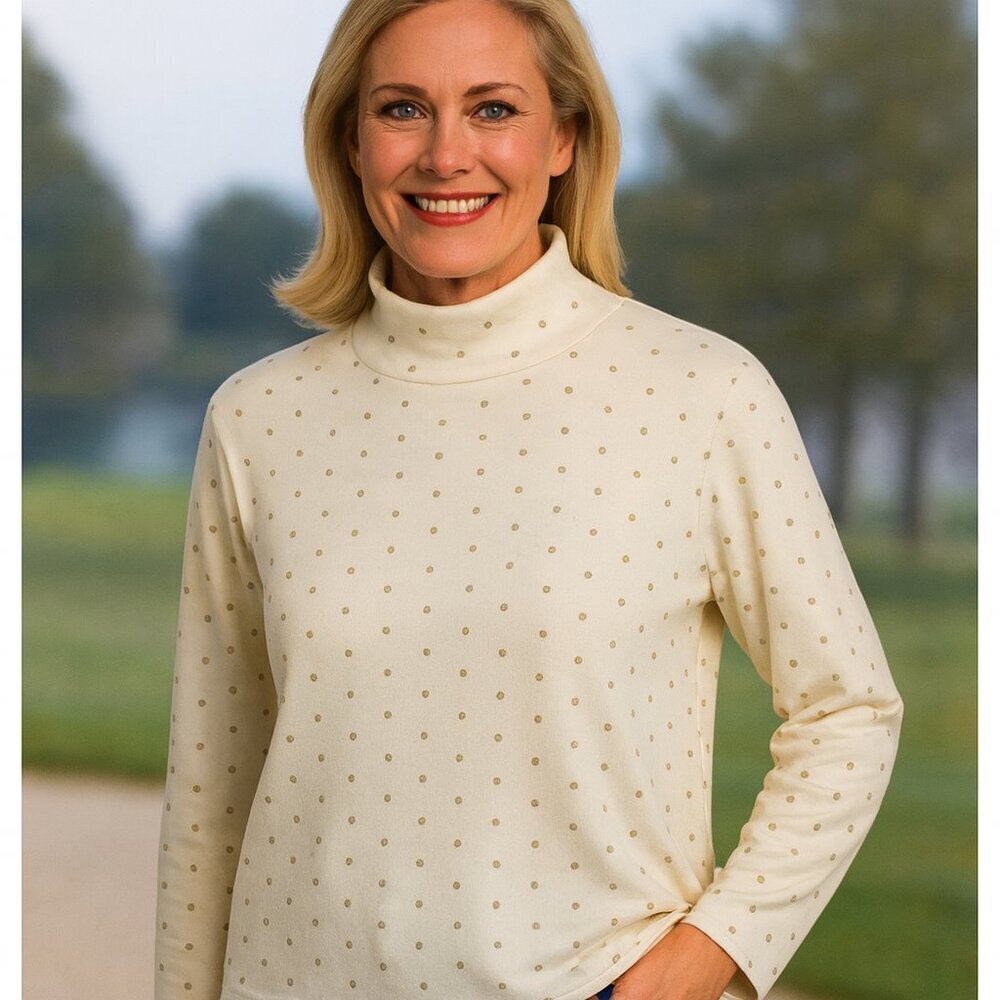 Appleseed's Women's PXL Cream Long Sleeve Mock Neck Top Gold Polka Dot Cotton